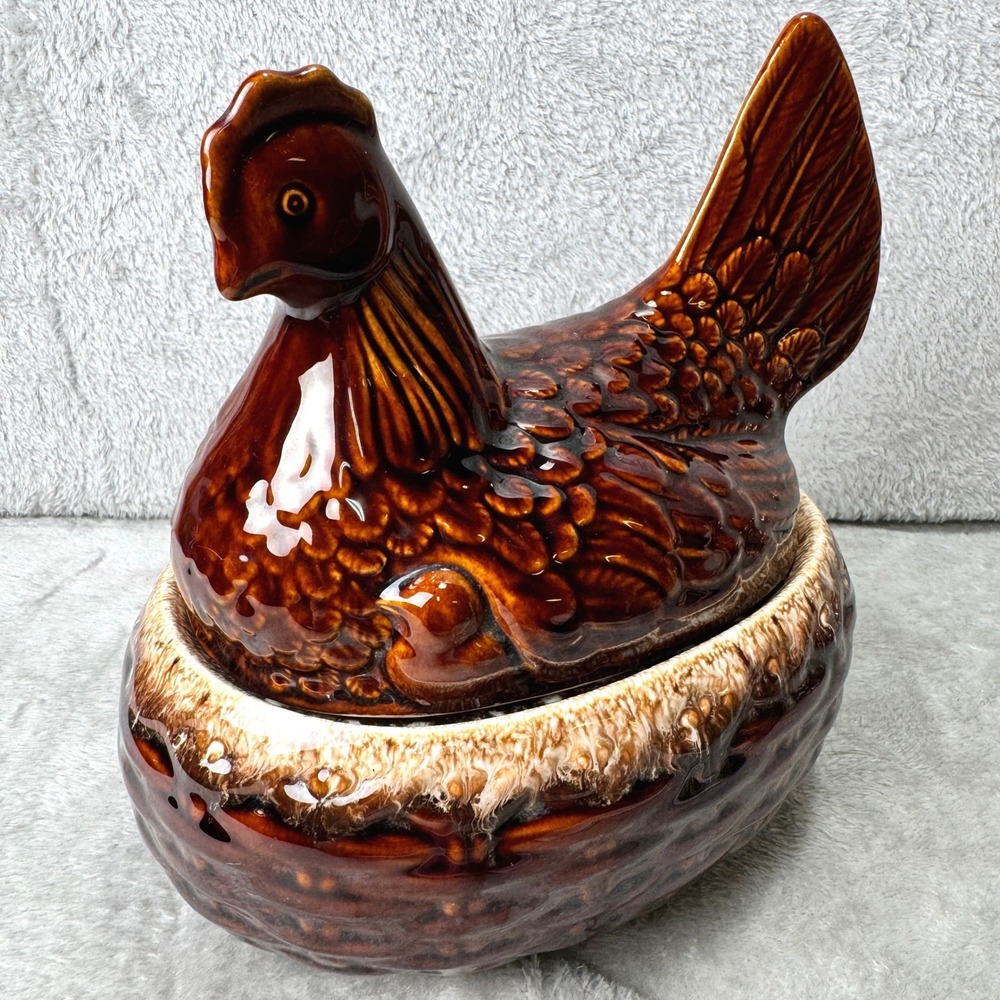 Vintage Hull Pottery Brown Drip Hen on Nest Covered Casserole Dish USA - Picture 3 of 16